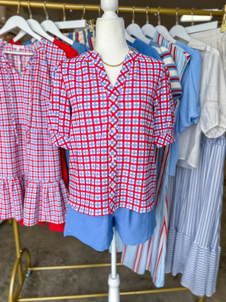 Elaine Gingham Red/Blue Short Sleeve Top