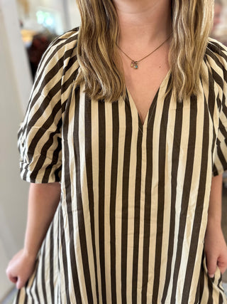 Cream Stripes Are So Back Puff Sleeve Shift Dress