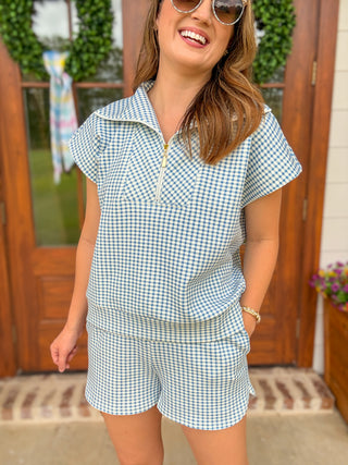 Blue On Repeat Gingham Shorts Set