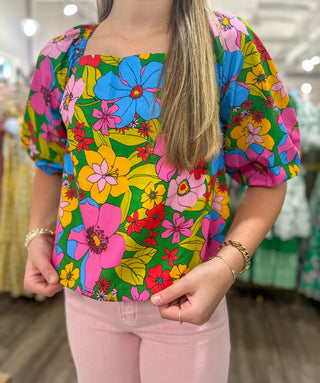 Retro Colorful Floral Gathered Top
