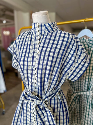 Navy Honeyfield Gingham Scallop Trim Belted Mini Dress