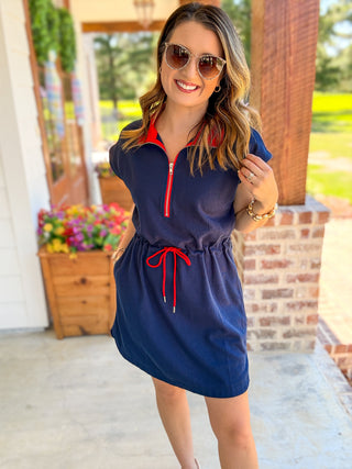 Navy & Red Detailed Zip Up Collared Drawstring Waist Dress