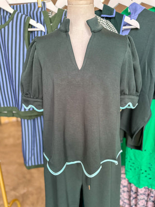 Forest Green Perfectly Scalloped Trim Pants Set