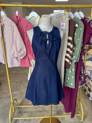 Dark Denim Darling Tie Neck Flare Mini Dress