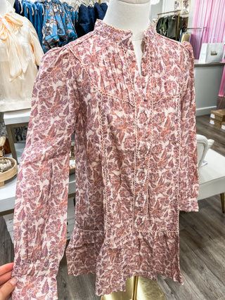 Whispering Rose Floral Print High Neck Lace Trim Dress