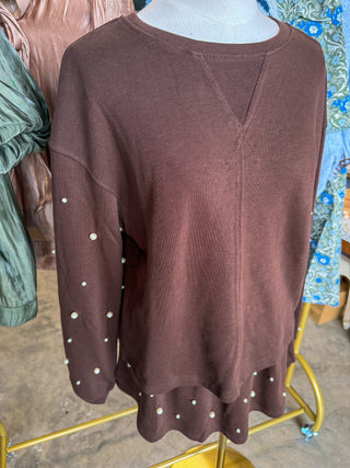 Brown Pearl Charm Long Sleeve Top & Skort Set