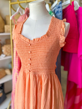 Peachy Sweetheart Smocked Mock Button Midi Dress