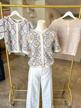 Ivory & Blue Subtle Floral Button-Up Short Sleeve Sweater