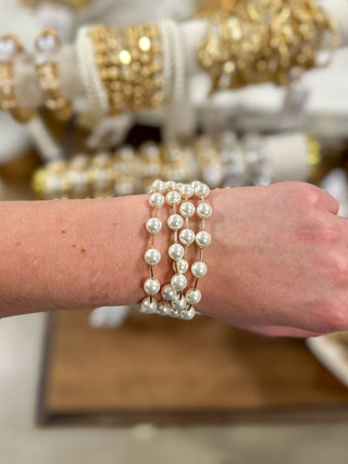 8MM Pearl & Gold Bar Set of 5 Stretch Bracelets