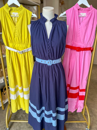 Navy Coastal Elegance Belted Midi Dress