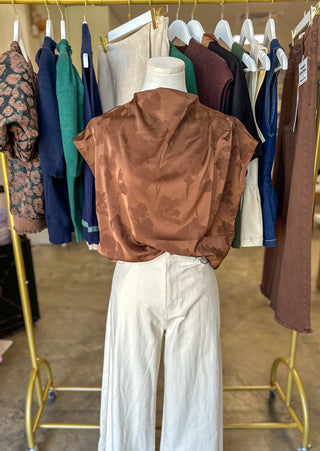 Mocha In Bloom Jaqucard Mock Neck Top