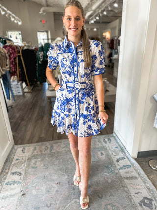 Deep Blue Stripes & Stems Buttoned & Belted Mini Dress