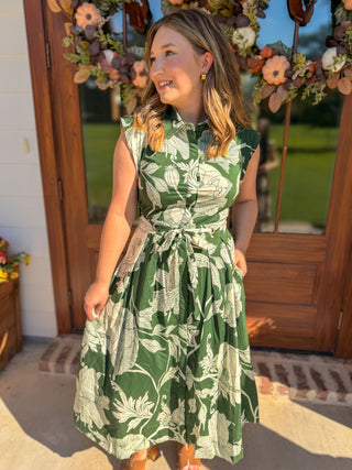 Fern Garden Society Collared Tie Waist Maxi Dress