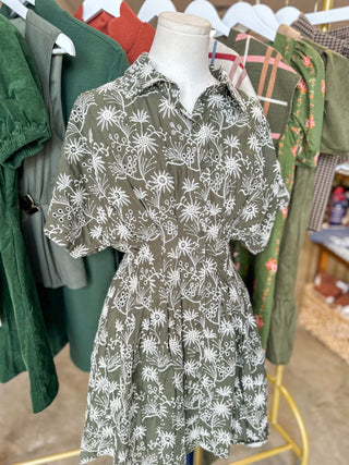 Olive Whimsy Wildflowers Embroidered Pleated Mini Dress