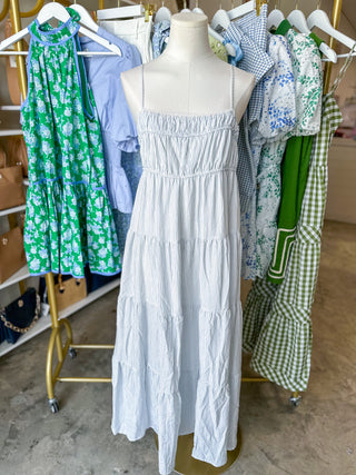 Baby Blue Stripe Shirred Empire Waist Midi Dress