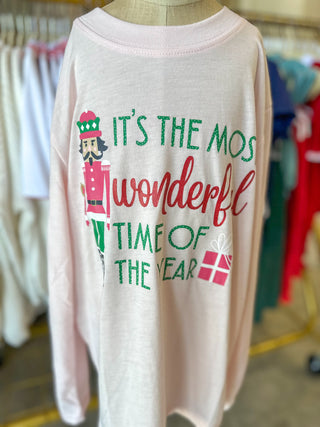 Youth Wonderful Time of Year Crew Neck Long Sleeve T-Shirt Light Pink/Multi