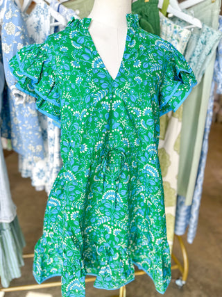 Kelly Green & Cerulean Alina Floral Ruffle Shift Mini Dress
