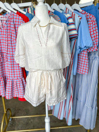 Off White Ric Rac Trim Shorts Set