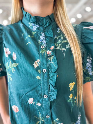 Hunter Green Garden Stroll Ruffle Neck Mini Dress