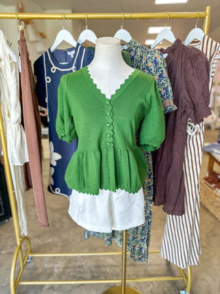 Pine Noelle Scallop Trim Peplum Knit Top