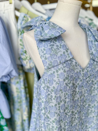 Blue & Green Blooming Grace Bow Sleeve Mini Dress