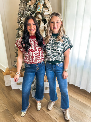 Shape Up & Shine Pattern Short Sleeve Merlot Sweater Top