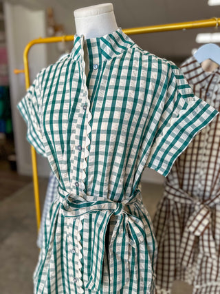 Hunter Green Honeyfield Gingham Scallop Trim Belted Mini Dress