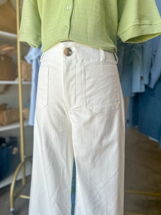 White Sweet Steps Embroidered Hem Wide Leg Pants