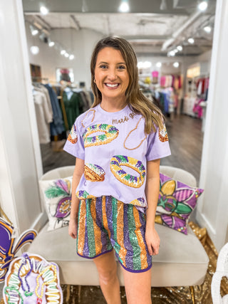 PRE-ORDER: Adult Queen of King Cake Season Sequin & Bead Detail Luxe Tee