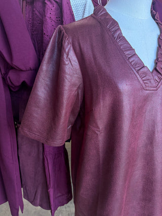 Burgundy Ruffled & Sweet Faux Leather Mini Dress