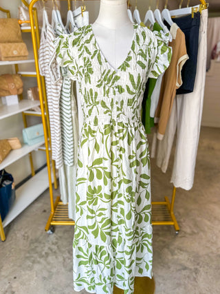 Leaf Print Smocked Mock Button Midi Dress