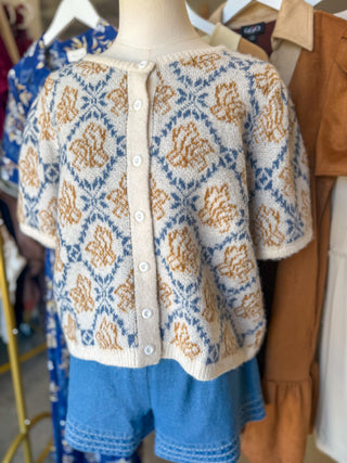 Ivory & Blue Subtle Floral Button-Up Short Sleeve Sweater