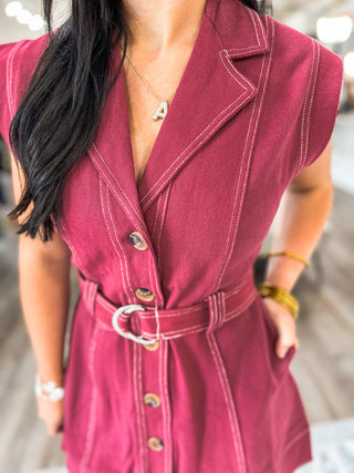 The Sienna Burgundy Belted Mini Dress