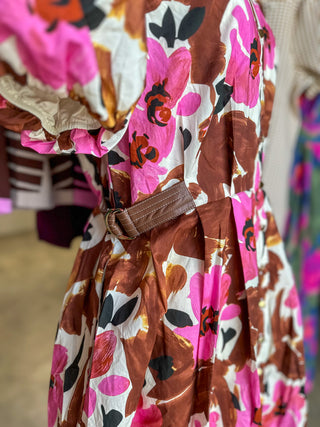 Brown & Pink Painted Petals Pleated Mini Dress