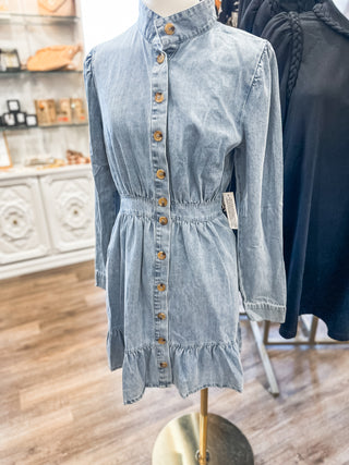 She Could Be The One Standing Collar Washed Denim Dress