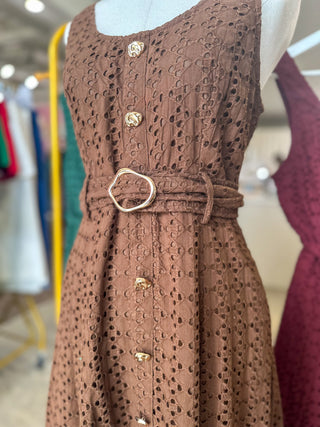 Brown Charlotte Eyelet Belted Maxi Dress