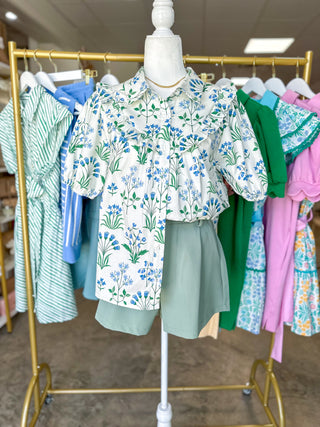 Blue & Green Ditsy Floral Ruffle Defined Collar Top