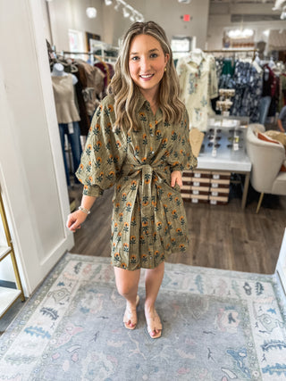 Olive Floral Whispers Tie Waist Mini Dress