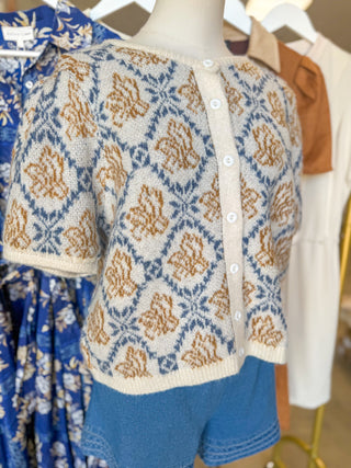Ivory & Blue Subtle Floral Button-Up Short Sleeve Sweater