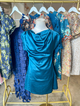 Teal After Dark Cowl Neck Satin Mini Dress