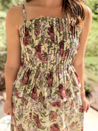 Vintage Violet Garden Pleated Midi Dress