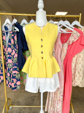 The Lemon Yellow Polished Peplum Gold Button Top