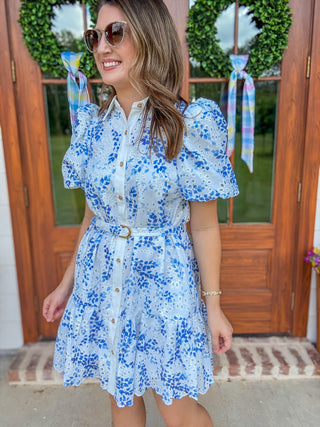 Blue Eyelet Dream Belted Mini Dress