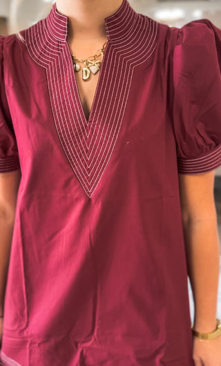 The Elle Burgundy Embroidered Mini Dress