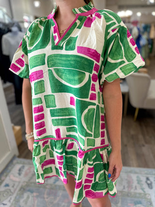 Green & Hot Pink Mosaic Mini Dress