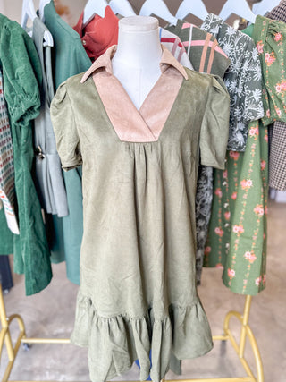 Olive Vinyard Stroll Ruffle Suede Mini Dress