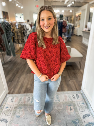 Red Runway Rose Jacquard Blouse
