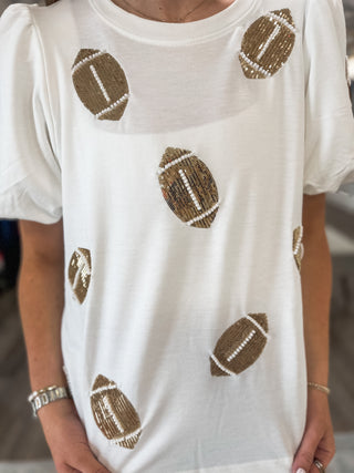 White First Down & Fabulous Pearl/Sequins Football Top