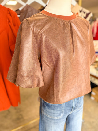 Brown Modern Faux Leather Blouse