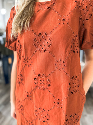 Rust Sweet Magnolia Eyelet Mini Dress